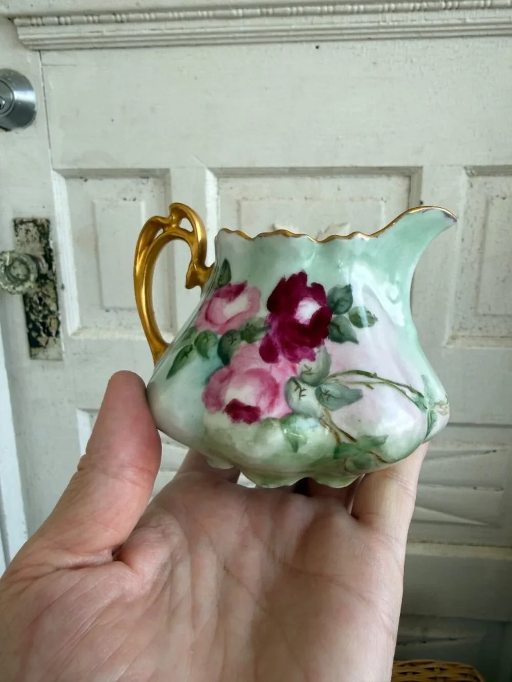 Vintage 40's Hand Painted Floral Porcelain Sugar and Greamer Set Gold Accent